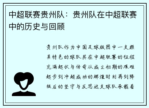 中超联赛贵州队：贵州队在中超联赛中的历史与回顾
